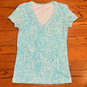 Light Blue Patterned V-Neck Women's Top
